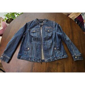 Women's Harley Davidson Zip Denim Jacket Embroidered Eagle &Heart On Back 1W